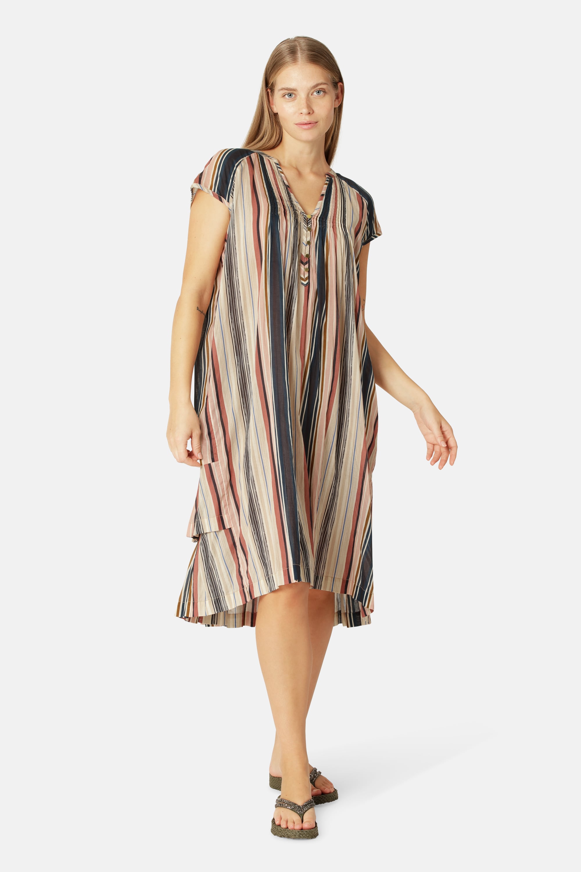 Lang Kjole med Korte Ermer Pintuck - Beige Organic Stripe